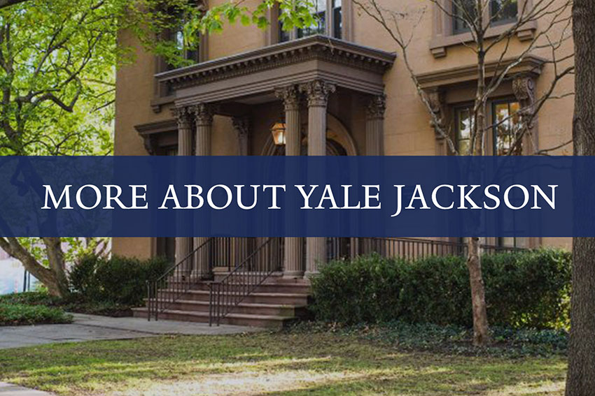 "More About Yale Jackson" graphic with exterior shot of Horchow Hall