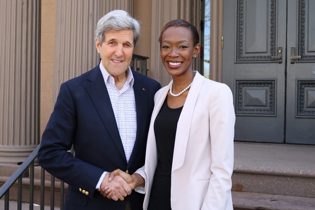 Kerry and a student in front of Horchow Hall